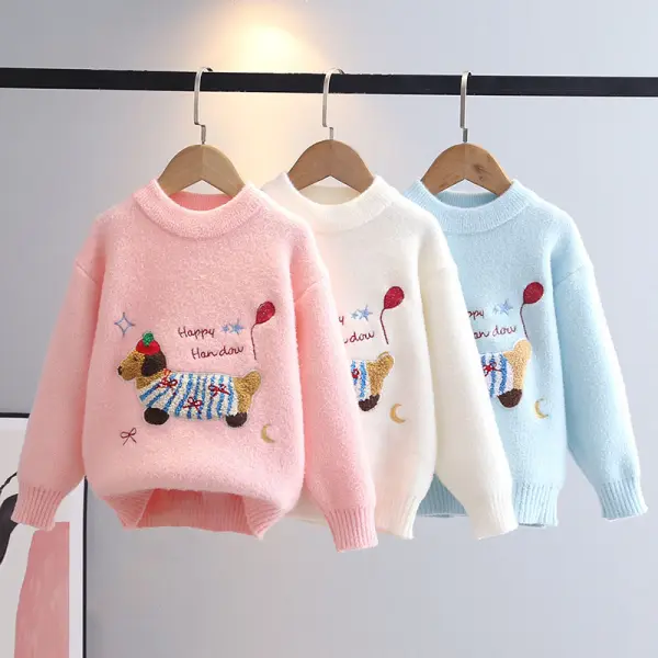 【3Y-10Y】Girls Puppy Embroidered Round Neck Long Sleeve Sweater - Popopieshop.com 