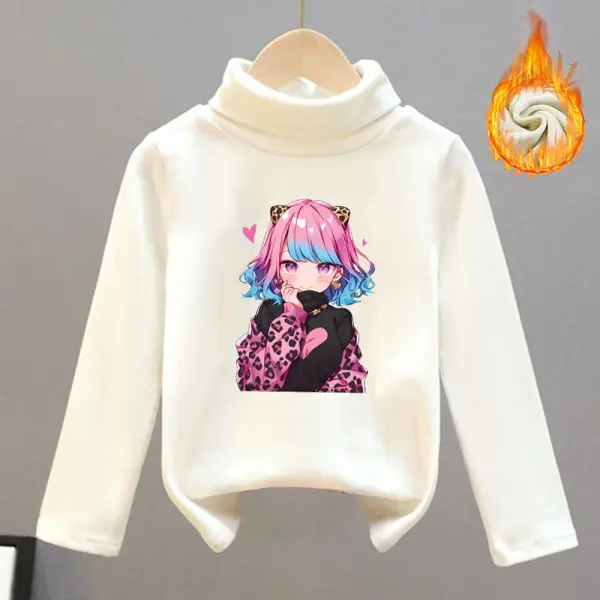 【18M-8Y】Girls Thick Fleece Cartoon Print Turtleneck Long Sleeve T-shirt - Popopieshop.com 