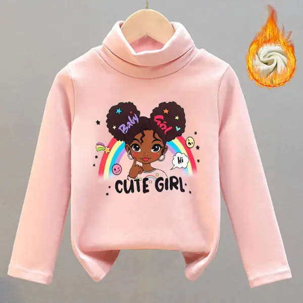 【18M-8Y】Girls Thick Fleece Cartoon Print Turtleneck Long Sleeve T-shirt - Popopieshop.com 