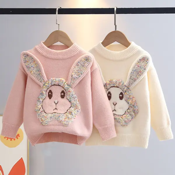 【3Y-10Y】Girls Bunny Embroidered Round Neck Long Sleeve Sweater - Popopieshop.com 