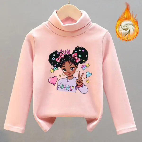 【18M-8Y】Girls Thick Fleece Cartoon Print Turtleneck Long Sleeve T-shirt - Popopieshop.com 