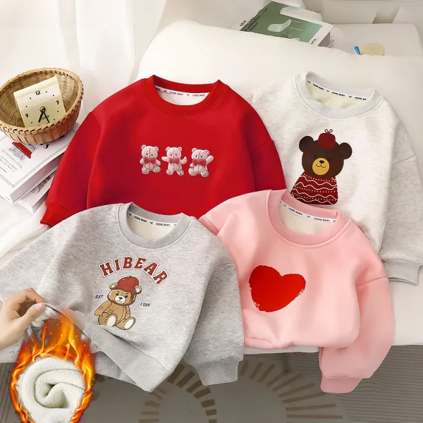 【12M-8Y】Unisex Casual Cartoon Bear Print Plush Keep Warm Round Neck Sweatshirt - Popopieshop.com 