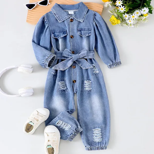 【2Y-7Y】Girls Fashion Ripped Washed Lapel Long Sleeve Denim Jumpsuit - Popopieshop.com 