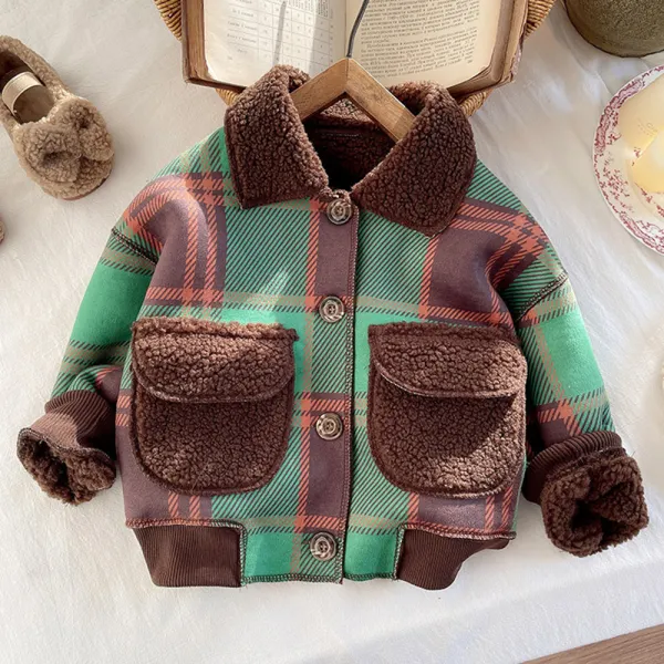【12M-10Y】Boys Casual Plaid Fur And Leather Keep Warm Lapel Coat - Popopieshop.com 
