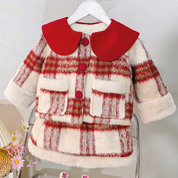 【12M-5Y】2-piece Girls Elegant Tweed Keep Warm Plaid Doll Collar Coat And Skirt Set - Popopieshop.com 
