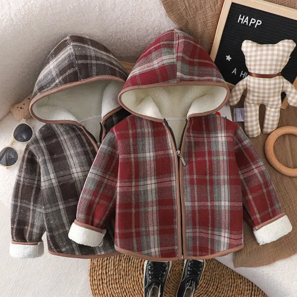 【18M-8Y】Boy Casual Plaid Plush Keep Warm Hooded Coat - Popopieshop.com 