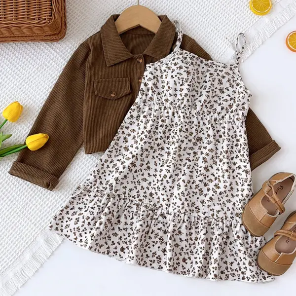 【2Y-7Y】2-piece Girls Floral Sling Dress And Corduroy Jacket Set - Popopieshop.com 