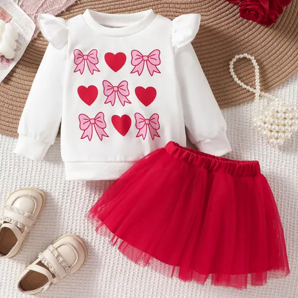 【6M-4Y】2-piece Girls Bow Print Long Sleeve Sweatshirt And Mesh Skirt Set - Popopieshop.com 
