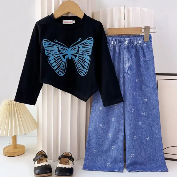 【2Y-7Y】2-piece Girls Butterfly Print Long Sleeve T-shirt And Pants Set - Popopieshop.com 