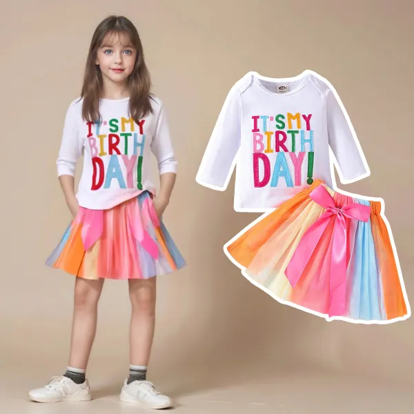 【12M-6Y】2-piece Girls Cute Birthday Letter Embroidered White T-shirt And Rainbow Color Net Skirt Set - Popopieshop.com 