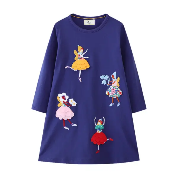 【1Y-7Y】Girls Cute Fashionable Cartoon Elf And Flower Embroidery Navy Blue Dress - Popopieshop.com 