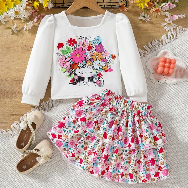 【3Y-7Y】2-piece Girls Sweet Cartoon Printed Bubble Sleeve T-shirt And Floral Printed Skirt Set - Popopieshop.com 