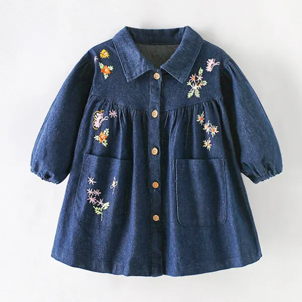 【1Y-7Y】Girls Cute Stylish Floral And Butterfly Embroidered Blue Denim Dress - Popopieshop.com 