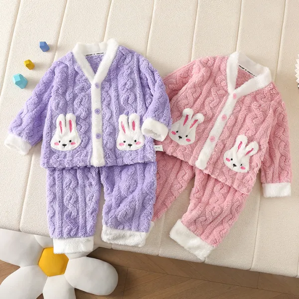 【12M-6Y】2-piece Girls Cute Rabbit Embroidered Fleece Loungewear Set - Popopieshop.com 