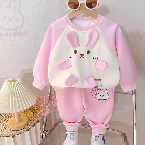 【12M-5Y】2-piece Girls Cute Rabbit Embroidery Colorblock Round Neck Sweatshirt And Pants Set - Popopieshop.com 
