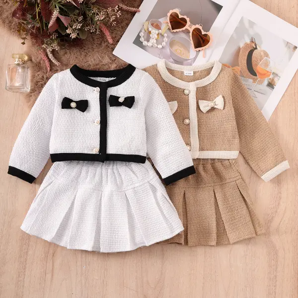 【6M-4Y】2-piece Girls Chanel Style Bowknot Long Sleeve Jacket And Pleated Skirt Set - Popopieshop.com 