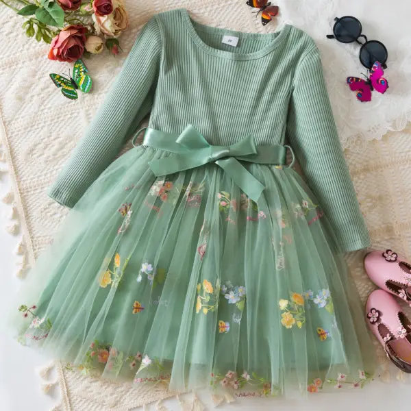 【18M-6Y】Girls Sweet Splicing Floral Embroidery Mesh Long Sleeve Dress - Popopieshop.com 