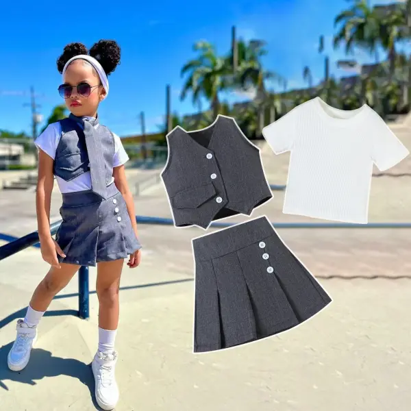 【18M-6Y】3-piece Girls Stylish White T-shirt And Gray Vest And Pleated Skirt Set - Popopieshop.com 