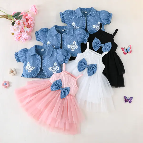 【6M-4Y】2-piece Girl Cute Butterfly Print Polka Dot Denim Cardigan And Mesh Sling Dress Set - Popopieshop.com 