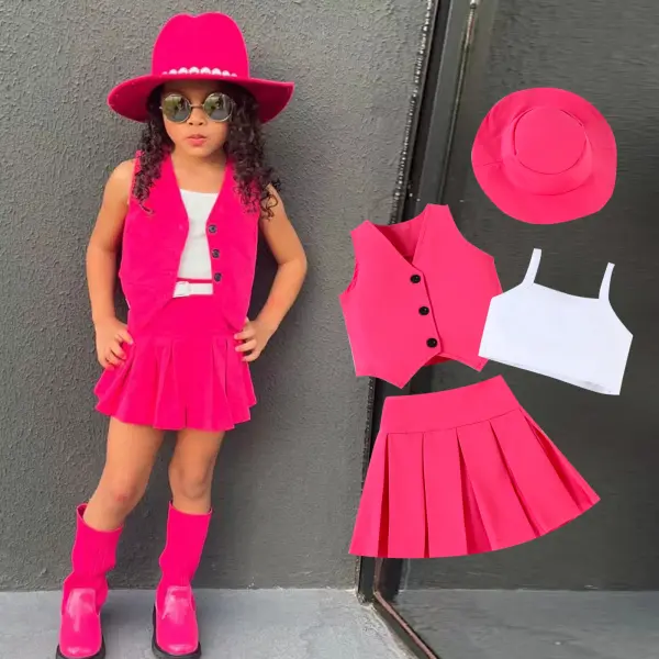 【18M-6Y】4-piece Girls Stylish White Undershirt And Vest And Pleated Skirt Set With Hat - Popopieshop.com 