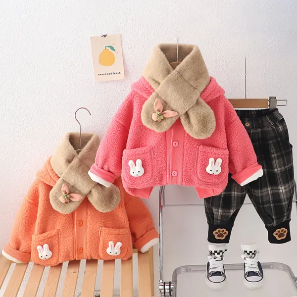【6M-5Y】3-piece Girls Cute Bunny Pocket Padded Fleece Hoodie And Plaid Pants Set With Faux Fur Scarf - Popopieshop.com 