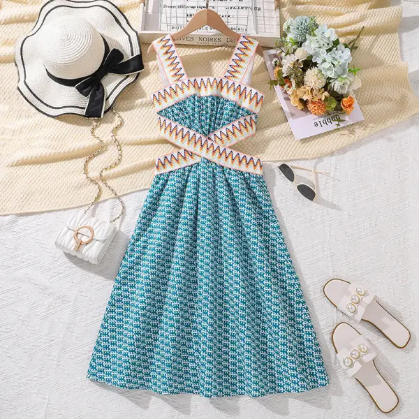 【7Y-12Y】Girls Stylish Boho Printed Waistless Hanging Neck Dress - Popopieshop.com 