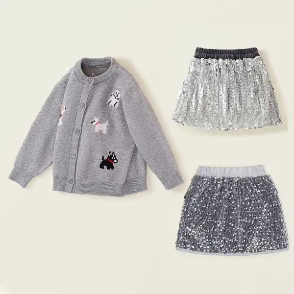 【18M-8Y】Girls Cute Puppy Jacquard Gray Sweater Cardigan And Sequin Skirt - Popopieshop.com 