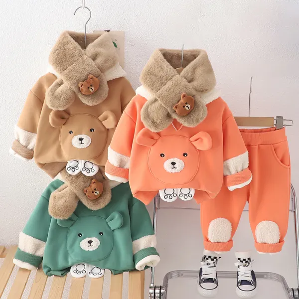 【6M-5Y】3-piece Boys Bear Embroidered Padded Fleece Hoodie And Pants Set With Faux Fur Scarf - Popopieshop.com 