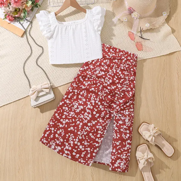 【7Y-12Y】2-piece Girls Stylish Boho White Embroidered Blouse And Red Floral Print Cardigan Skirt Set - Popopieshop.com 