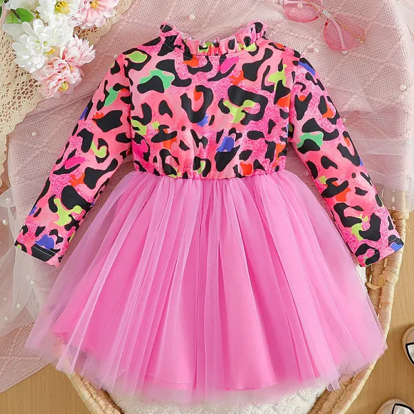 【6M-3Y】Baby Girls Cute Rose Red Leopard Print Splicing Multi-layered Mesh Dress - Popopieshop.com 