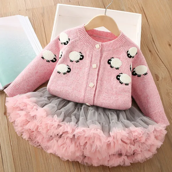 【18M-6Y】2-piece Girls Sweet Lamb Embroidery Keep Warm Sweater Coat And Puffy Skirt Set - Popopieshop.com 