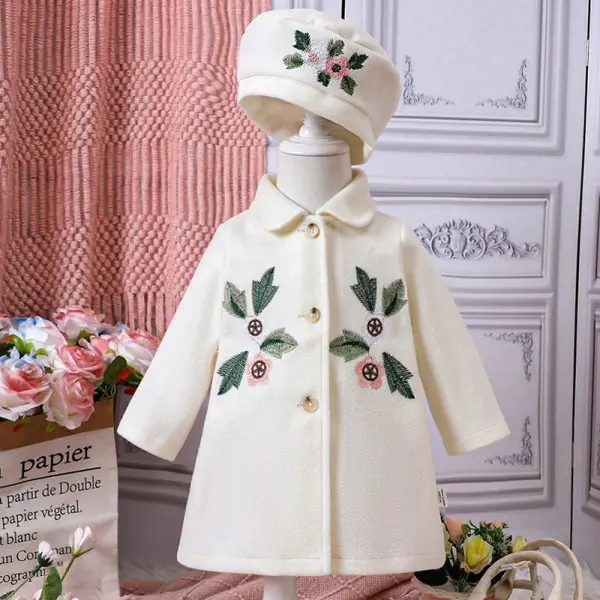 【6M-3Y】2-piece Baby Girls Elegant Floral Embroidery Lapel Tweed Coat With Hood - Popopieshop.com 