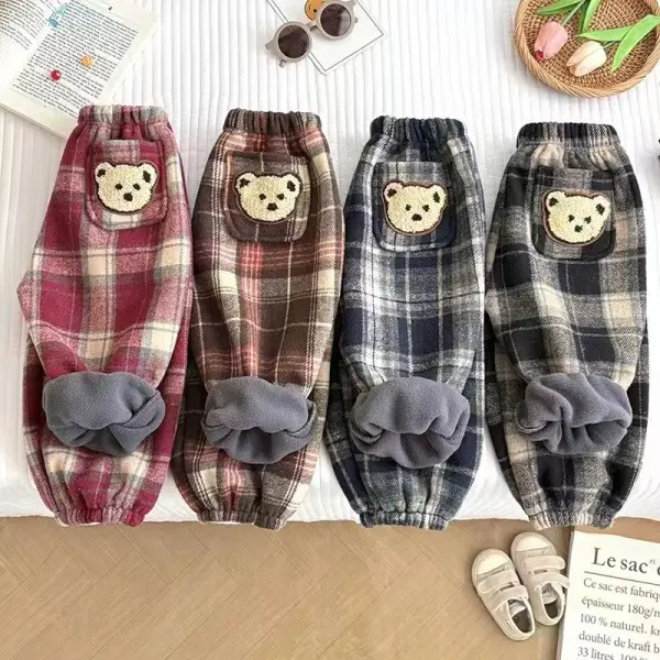 【9M-10Y】Unisex Cute Bear Embroidered Plaid Plush Keep Warm Casual Pants - Popopieshop.com 