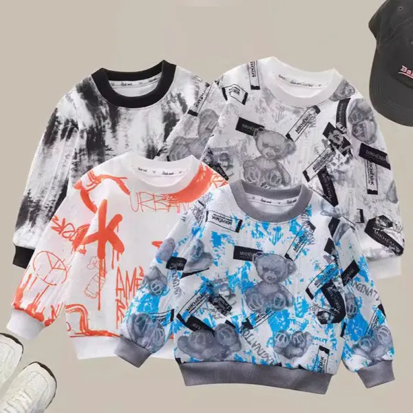 【12M-12Y】Boys Casual Letter Bear Printe Round Neck Sweatshirt - Popopieshop.com 