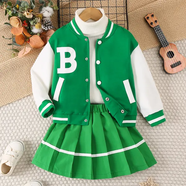 【3Y-7Y】2-piece Girls Casual Letter Print Colorblock Baseball Jacket And Pleated Skirt Set - Popopieshop.com 