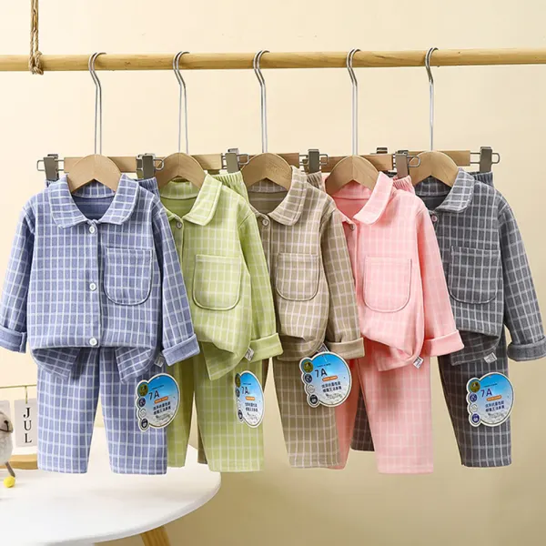 【18M-15Y】2-piece Unisex Cotton Antibacterial Plaid Lapel Long Sleeve Pajamas Set - Popopieshop.com 