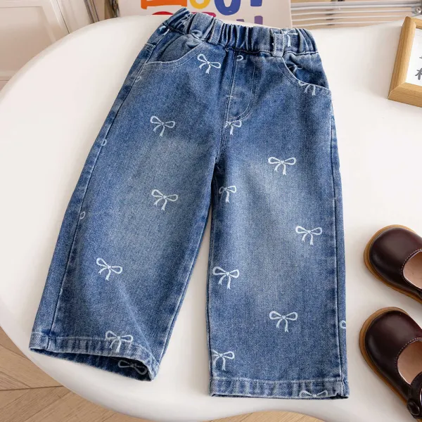 【12M-6Y】Girls Sweet Bowknot Print Loose Jeans - Popopieshop.com 