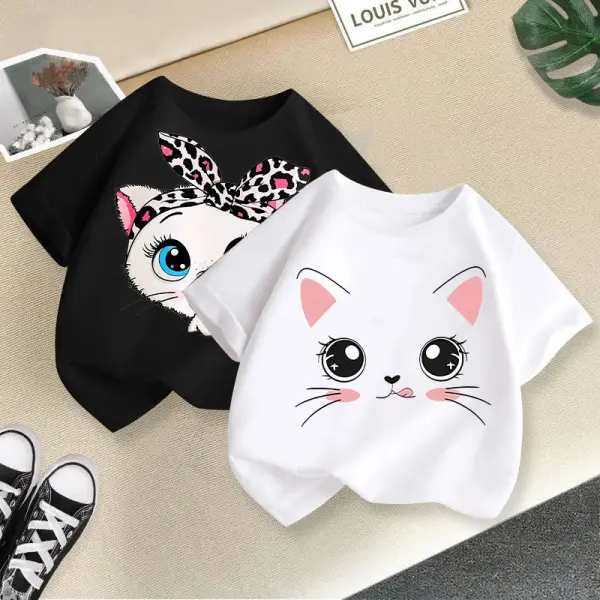 【2Y-10Y】Girls Casual Cotton Cartoon Cat Printe Multicolor Short Sleeve T-shirt - Popopieshop.com 