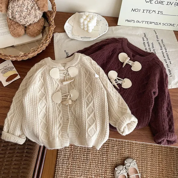 【18M-8Y】Girls Retro Solid Color Cable Knot Sweater Coat - Popopieshop.com 