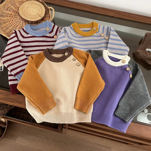 【6M-4Y】Unisex Vintage Striped Colorblock Round Neck Sweater - Popopieshop.com 