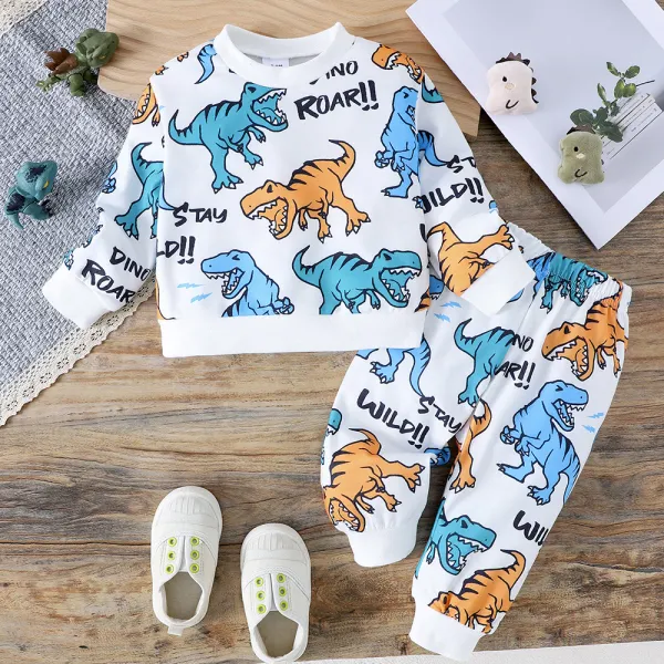【6M-3Y】2-piece Baby Boys Casual Dinosaur Print Round Neck Sweatshirt And Pants Set - Popopieshop.com 