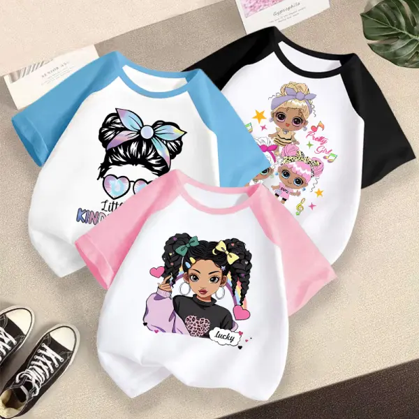 【2Y-12Y】Girls Casual Cotton Cartoon Girl Printe Colorblock Plug-in Short Sleeve T-shirt - Popopieshop.com 