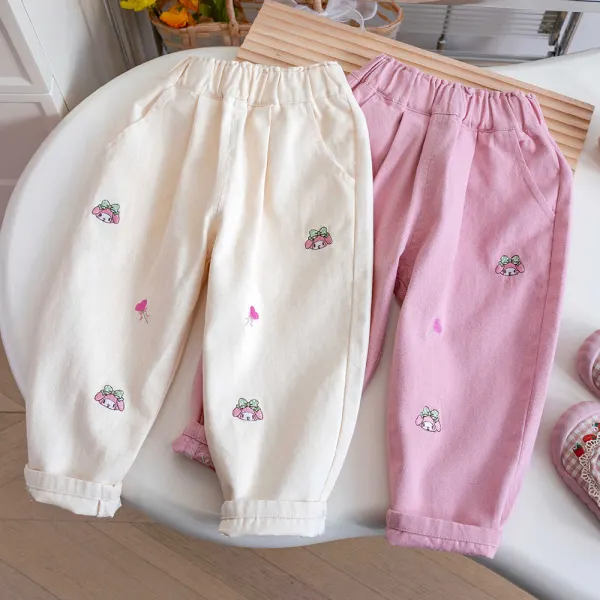 【12M-6Y】Girls Sweet Rabbit And Dog Embroidered Casual Pants - Popopieshop.com 