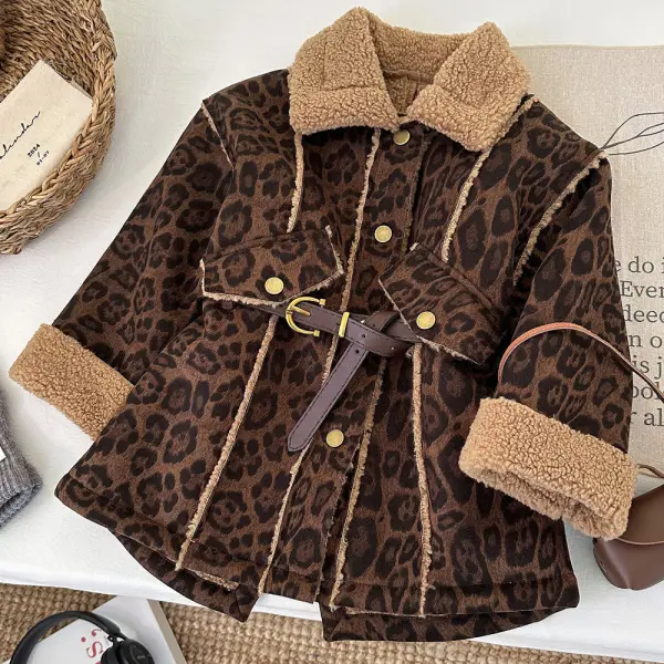 【18M-8Y】Girls Thick Fleece Leopard Print Jacket (Free Belt) - Popopie.com 