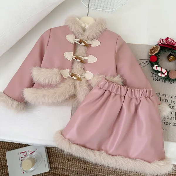 【18M-8Y】2-piece Girls Pink Thick Faux Fur PU Leather Jacket And Skirt Set - Popopieshop.com 