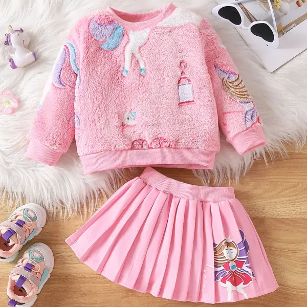 【6M-3Y】2-piece Baby Girl Pink Flannel Cartoon Pattern Long Sleeve Sweatshirt And Skirt Set - Popopieshop.com 