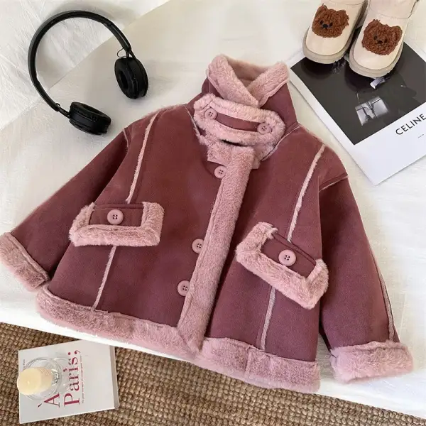 【18M-8Y】Girls Pink Faux Fur Suede Jacket - Popopieshop.com 