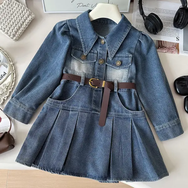 【18M-8Y】Girls Blue Denim Long Sleeve Dress (With Belt) - Popopieshop.com 