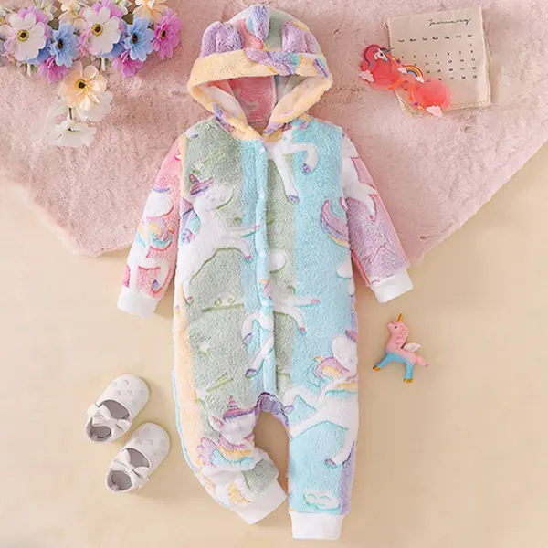 【0M-18M】Baby Girl Flannel Unicorn Pattern Hooded Romper - Popopieshop.com 
