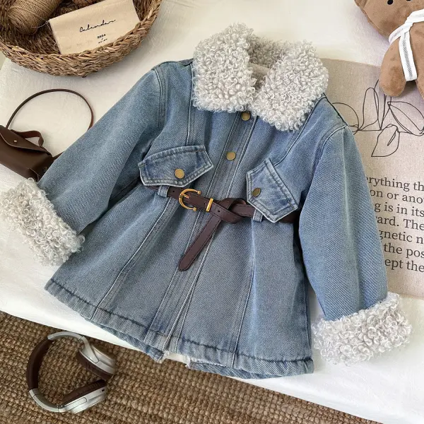 【18M-8Y】Girls Thick Fleece Denim Jacket (Free Belt) - Popopieshop.com 